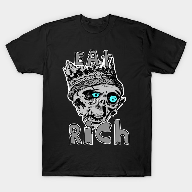 Eat the Rich Grey Skeleton Zombie Blue Eyes Crown T-Shirt by Glass Table Designs